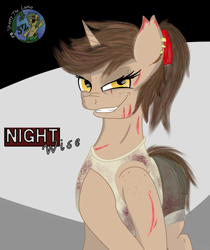 Size: 2203x2627 | Tagged: safe, artist:shappy the lamia, derpibooru import, oc, oc:nightwise, lamia, original species, pony, snake, snake pony, unicorn, blood, clothes, ear piercing, earring, engineer, golden eyes, jeans, jewelry, logo, pants, piercing, pigtails, scar, sexy, shirt, shorts, text