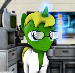 Size: 2160x2095 | Tagged: safe, artist:arcanetesla, derpibooru import, oc, oc:arcane tesla, pony, unicorn, 3d, glasses, laboratory, science, scientist, sfm pony, solo, source filmmaker