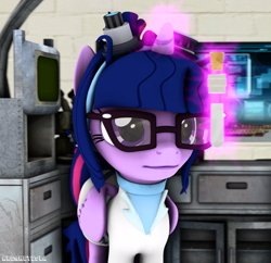 Size: 2160x2095 | Tagged: safe, alternate version, artist:arcanetesla, derpibooru import, sci-twi, twilight sparkle, twilight sparkle (alicorn), alicorn, 3d, clothes, glasses, lab coat, laboratory, sfm pony, solo, source filmmaker