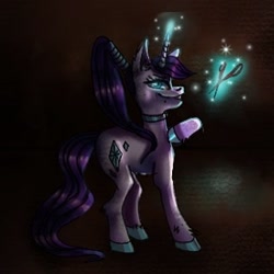 Size: 320x320 | Tagged: safe, artist:venera___o, derpibooru import, oc, oc only, pony, unicorn, choker, cloven hooves, glowing horn, hoof polish, horn, magic, raised hoof, raised leg, scissors, solo, telekinesis, unicorn oc