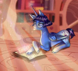 Size: 1600x1453 | Tagged: safe, artist:venera___o, derpibooru import, oc, oc only, alicorn, pony, alicorn oc, book, bookshelf, glasses, hoof polish, horn, library, lying down, prone, reading, solo, wings