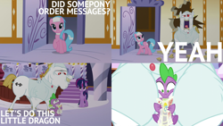 Size: 1986x1117 | Tagged: safe, derpibooru import, edit, edited screencap, editor:quoterific, screencap, aloe, bulk biceps, spike, twilight sparkle, twilight sparkle (alicorn), alicorn, bull, dragon, earth pony, pony, castle sweet castle, alternate hairstyle, female, gritted teeth, kool-aid man, male, open mouth, surprised, teeth, trio, yeah!!!!!!!!