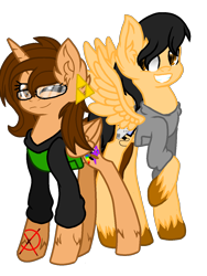 Size: 960x1280 | Tagged: safe, artist:juliet-gwolf18, derpibooru import, oc, oc only, alicorn, pegasus, pony, alicorn oc, clothes, duo, ear fluff, ears, female, glasses, grin, horn, male, mare, one eye closed, pegasus oc, raised hoof, raised leg, simple background, smiling, stallion, transparent background, unshorn fetlocks, wings, wink