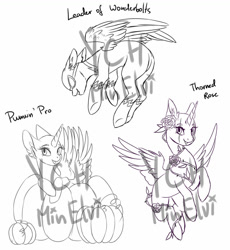 Size: 1024x1111 | Tagged: safe, artist:minelvi, derpibooru import, oc, alicorn, pegasus, pony, alicorn oc, commission, eyelashes, flower, flower in hair, flying, horn, lineart, monochrome, pegasus oc, pumpkin, smiling, wings, your character here