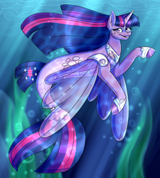 Size: 1800x2000 | Tagged: safe, artist:sinligereep, derpibooru import, twilight sparkle, twilight sparkle (alicorn), alicorn, pony, seapony (g4), bubble, clothes, crepuscular rays, dorsal fin, eyelashes, female, fin wings, fish tail, flowing mane, flowing tail, hoof shoes, horn, long mane, looking at you, ocean, purple eyes, seaponified, seapony twilight, seaweed, see-through, smiling, solo, species swap, sunlight, swimming, tail, underwater, water, wings