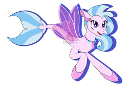 Size: 1280x854 | Tagged: safe, artist:pokee-paint, derpibooru import, silverstream, oc, seapony (g4), blue mane, clothes, female, fin wings, fins, fish tail, jewelry, necklace, open mouth, purple eyes, purple wings, see-through, simple background, smiling, solo, swimming, tail, transparent background, watermark, wings