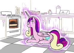 Size: 1017x728 | Tagged: safe, artist:jargon scott, princess cadance, alicorn, pony, female, food, glowing eyes, heart, kitchen, looking at something, lying down, mare, oven, peetzer, pizza, pizza box, princess of love, prone, smiling, solo, that pony sure does love pizza