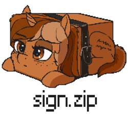 Size: 749x683 | Tagged: safe, artist:shydale, oc, oc:sign, pony, unicorn, .zip, archived, belt, cube, female, pixelated, pony cube, simple background, solo, text, wat, white background, winrar