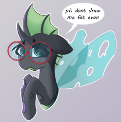Size: 817x823 | Tagged: safe, artist:shepardinthesky, ponybooru exclusive, oc, oc only, oc:yvette (evan555alpha), changeling, changeling oc, dialogue, dorsal fin, fangs, female, glasses, hooves to the chest, hooves together, hooves up, open mouth, round glasses, signature, simple background, solo, speech bubble, talking, talking to viewer, text