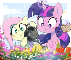 Size: 2340x1979 | Tagged: safe, artist:nendo, derpibooru import, fluttershy, twilight sparkle, butterfly, pegasus, pony, book, cute, duo, duo female, female, flower, garden, gardening, glowing horn, hoof hold, horn, magic, mare, shyabetes, smiling, telekinesis, water, watering can