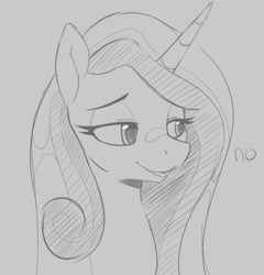 Size: 904x943 | Tagged: safe, artist:tre, derpibooru import, princess cadance, alicorn, pony, bust, female, lidded eyes, mare, missing accessory, monochrome, simple background, solo, text