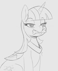 Size: 861x1050 | Tagged: safe, artist:tre, derpibooru import, twilight sparkle, twilight sparkle (alicorn), alicorn, pony, behaving like a dog, bone, collar, female, lidded eyes, mare, monochrome, mouth hold, simple background, sitting, solo