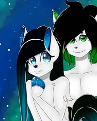 Size: 960x1200 | Tagged: safe, artist:tessa_key_, derpibooru import, oc, oc only, anthro, earth pony, arm hooves, bust, cloven hooves, duo, earth pony oc, female, male, smiling, stars