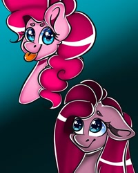 Size: 1080x1350 | Tagged: safe, artist:tessa_key_, derpibooru import, pinkie pie, earth pony, pony, :p, bust, duality, ears, eyelashes, female, floppy ears, gradient background, mare, pinkamena diane pie, ponk, tongue out