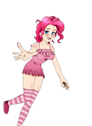 Size: 1653x2256 | Tagged: safe, artist:aldharoku, derpibooru import, pinkie pie, human, 2014, blushing, breasts, cleavage, clothes, dress, humanized, open mouth, shoes, simple background, sleeveless, smiling, socks, solo, striped socks, transparent background