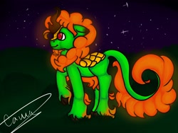 Size: 2560x1920 | Tagged: safe, artist:sasha2284, derpibooru import, oc, oc only, kirin, hoof fluff, horn, kirin oc, leonine tail, night, outdoors, raised hoof, raised leg, shooting star, signature, solo, stars