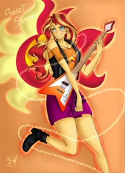 Size: 2893x3996 | Tagged: safe, artist:bidzinha, derpibooru import, sunset shimmer, better together, equestria girls, cutie mark background, electric guitar, female, geode of empathy, guitar, high res, magical geodes, musical instrument, solo