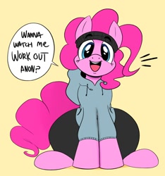 Size: 1874x2000 | Tagged: safe, artist:ota, derpibooru import, pinkie pie, earth pony, pony, clothes, dialogue, hoodie, looking at you, open mouth, pants, ponk, simple background, sitting, solo, speech bubble, sweatband, yellow background, yoga pants