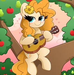 Size: 4062x4096 | Tagged: safe, artist:kittyrosie, derpibooru import, pear butter, earth pony, pony, apple, apple tree, blushing, featured image, female, flower, flower in hair, guitar, heart, looking at you, mare, musical instrument, pear tree, sitting, smiling, smiling at you, solo, tree