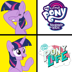 Size: 1024x1024 | Tagged: safe, derpibooru import, twilight sparkle, twilight sparkle (alicorn), alicorn, pony, my little pony: pony life, based, covering eyes, drake, drama, female, meme, op is a cuck, op is trying to start shit, op is trying to start shit so badly that it's kinda funny, open mouth, pony life drama, solo, teeth