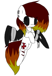 Size: 696x1008 | Tagged: safe, artist:dramaostrich, derpibooru import, oc, oc:cleancut, pegasus, pony, bandage, bandaged wing, black sclera, blood, crying, cutie mark, ear piercing, female, flying, jewelry, knife, necklace, piercing, scar, simple background, solo, tears of blood, wings