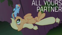 Size: 1920x1080 | Tagged: safe, derpibooru import, edit, edited screencap, editor:quoterific, screencap, applejack, rainbow dash, earth pony, pegasus, pony, friendship is magic, duo, duo female, female, flying, hatless, missing accessory