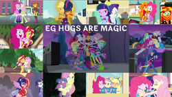 Size: 1968x1109 | Tagged: safe, derpibooru import, edit, edited screencap, editor:quoterific, screencap, applejack, flash sentry, fluttershy, pinkie pie, rainbow dash, rarity, sci-twi, spike, spike the regular dog, sunset shimmer, twilight sparkle, dog, human, better together, eqg summertime shorts, equestria girls, equestria girls (movie), forgotten friendship, friendship games, legend of everfree, rainbow rocks, the art of friendship, applejack's hat, clothes, cowboy hat, duo, duo female, embrace the magic, eyes closed, female, group hug, hat, helping twilight win the crown, hug, humane five, humane seven, humane six, male, one eye closed, open mouth, rainbow rocks outfit, spike the dog, trio, trio female