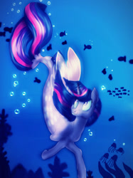 Size: 1024x1366 | Tagged: safe, artist:princessrosemcmitten, derpibooru import, twilight sparkle, alicorn, fish, jellyfish, pony, seapony (g4), bubble, clothes, coral, crepuscular rays, dorsal fin, female, fin wings, fish tail, flowing mane, flowing tail, glow, horn, looking up, ocean, purple eyes, seaponified, seapony twilight, seaweed, see-through, smiling, solo, species swap, swimming, tail, underwater, water, wings