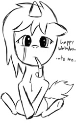 Size: 720x1160 | Tagged: safe, artist:symphonydawn3, derpibooru import, oc, oc only, oc:jackie spectre, earth pony, birthday, crying, female, hat, mare, monochrome, party hat, party horn, sad, simple background, sketch, solo, teary eyes, white background