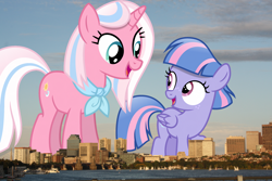 Size: 2100x1400 | Tagged: safe, artist:bertamallenco, artist:vector-brony, derpibooru import, edit, editor:jaredking203, clear sky, wind sprint, pegasus, pony, unicorn, boston, female, filly, giant pony, giantess, highrise ponies, macro, mare, massachusetts, mother and child, mother and daughter, parent and child, story included, vector, vector edit