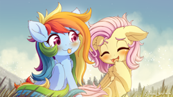 Size: 2840x1600 | Tagged: safe, artist:symbianl, derpibooru import, fluttershy, rainbow dash, pegasus, pony, alternate hairstyle, blushing, cute, dashabetes, duo, duo female, eyes closed, female, mare, open mouth, scenery, shyabetes, sitting, smiling, tongue out