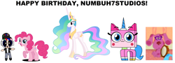 Size: 3672x1328 | Tagged: safe, artist:hubfanlover678, derpibooru import, pinkie pie, princess celestia, oc, earth pony, pony, birthday, blue's clues, magenta, simple background, the powerpuff girls, unikitty