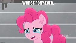 Size: 888x499 | Tagged: safe, artist:pinkiebuser, derpibooru import, edit, edited screencap, screencap, pinkie pie, earth pony, pony, rainbow roadtrip, abuse, caption, crying, female, go to sleep svengallop, image macro, mare, op is a cuck, op is trying to start shit, pinkiebuse, solo, text, worst pony