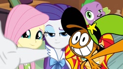 Size: 959x540 | Tagged: safe, derpibooru import, edit, edited screencap, screencap, fluttershy, rarity, spike, sunset shimmer, equestria girls, rainbow rocks, crossover, friendshipping, selfie, sleepover, slumber party, wander (wander over yonder), wander over yonder