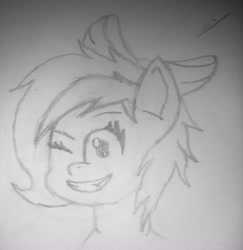 Size: 1990x2048 | Tagged: safe, artist:isaac_pony, derpibooru import, oc, oc only, oc:burst clouds, pegasus, pony, female, mare, monochrome, mouth, one eye closed, ribbon, simple background, sketch, smiling, teeth, traditional art, wink