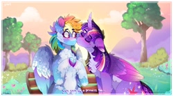 Size: 3432x1905 | Tagged: safe, artist:aaa-its-spook, derpibooru import, rainbow dash, twilight sparkle, twilight sparkle (alicorn), alicorn, pegasus, pony, alternate hairstyle, bench, bush, cheek fluff, chest fluff, colored wings, dialogue, ear fluff, ears, ethereal mane, eye clipping through hair, eyebrows visible through hair, eyes closed, female, floppy ears, folded wings, hoof fluff, kissing, lesbian, mare, marriage proposal, multicolored wings, nervous, nuzzling, shipping, sitting, smooch, spread wings, starry mane, tree, twidash, wing fluff, wings