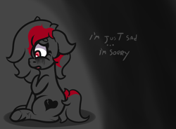 Size: 999x735 | Tagged: safe, artist:lazerblues, derpibooru import, oc, oc only, oc:miss eri, earth pony, pony, ..., crying, dialogue, female, gradient background, gray coat, mare, red eyes, sitting, solo, two toned mane, two toned tail