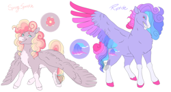 Size: 3200x1728 | Tagged: safe, artist:arexstar, derpibooru import, oc, oc only, oc:riptide, oc:spring sprinkle, pegasus, pony, colored wings, magical lesbian spawn, multicolored wings, offspring, parent:pinkie pie, parent:rainbow dash, parents:derpypie, parents:pinkiedash, simple background, white background, wings