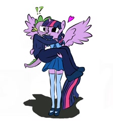 Size: 913x1024 | Tagged: safe, anonymous artist, derpibooru exclusive, derpibooru import, spike, twilight sparkle, twilight sparkle (alicorn), alicorn, anthro, dragon, bridal carry, carrying, clothes, cute, female, heart, male, mare, mary janes, nuzzling, older, older spike, sailor uniform, school uniform, shipping, shoes, simple background, skirt, straight, surprised, twispike, uniform, white background