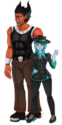 Size: 1155x2301 | Tagged: safe, artist:jennobasilicum, derpibooru import, lord tirek, queen chrysalis, equestria girls, abs, belt, blushing, boots, clothes, duo, equestria girls-ified, eyeshadow, feather, fedora, female, grin, hat, high heels, jeans, makeup, male, nose piercing, nose ring, pants, piercing, shoes, simple background, smiling, suit, tanktop, transparent background, wristband