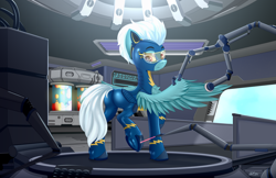 Size: 4850x3150 | Tagged: safe, artist:singovih, derpibooru import, fleetfoot, pegasus, pony, clothes, cyberpunk, female, frog (hoof), future, glasses, headphones, hieroglyphics, hologram, hooves, laser, looking back, machine, mare, rainbow, raised hoof, raised leg, robotic arm, room, shine, sky, solo, underhoof, uniform, visor, wings, wonderbolts, wonderbolts uniform