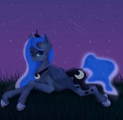 Size: 1012x987 | Tagged: safe, artist:munrei, derpibooru import, princess luna, alicorn, pony, female, looking at you, mare, night, outdoors, prone, solo