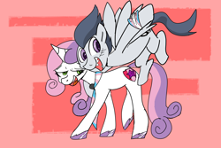 Size: 2070x1384 | Tagged: safe, artist:skunkstripe, derpibooru import, rumble, sweetie belle, pegasus, pony, unicorn, fanfic, fanfic art, fanfic cover, gender headcanon, necktie, older, older rumble, older sweetie belle, pride, pride flag, scar, sharp teeth, teeth, transgender, transgender pride flag