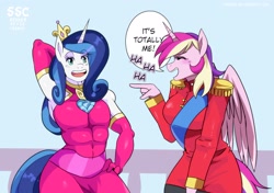 Size: 2026x1427 | Tagged: safe, artist:traupa, derpibooru import, princess cadance, shining armor, alicorn, anthro, unicorn, arm behind head, blushing, clothes swap, crossdressing, eyes closed, female, laughing, male, open mouth, shiningcadance, shipping, speech bubble, straight, style change