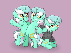 Size: 2937x2205 | Tagged: safe, artist:background basset, derpibooru import, lyra heartstrings, pony, unicorn, fanfic:background pony, bipedal, clone, clothes, cute, dig the swell hoodie, duplicate, female, grin, happy, hoodie, lidded eyes, mare, open mouth, sad, self ponidox, smiling, triality, trio