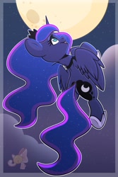 Size: 1365x2048 | Tagged: safe, artist:sakukitty, derpibooru import, princess luna, alicorn, pony, cloud, female, flying, full moon, mare, moon, night, open mouth, profile, sky, solo, spread wings, stars, wings