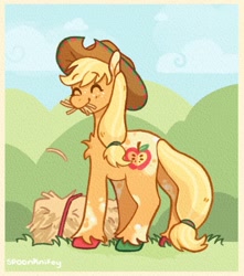 Size: 1175x1330 | Tagged: safe, artist:spoonknifey, derpibooru import, applejack, earth pony, pony, chest fluff, coat markings, cute, dappled, eating, eyes closed, februpony, hay, hay bale, horses doing horse things, jackabetes, smiling, solo, unshorn fetlocks