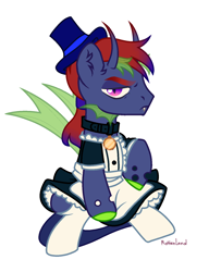 Size: 1200x1560 | Tagged: safe, alternate version, artist:al-lat, derpibooru import, oc, oc only, oc:abstract memory, changeling, hybrid, apron, changeling hybrid, changeling oc, clothes, collar, commission, crossdressing, dress, hat, maid, male, pet tag, raised hoof, raised leg, simple background, skirt, socks, solo, stockings, thigh highs, top hat, unamused, white background, ych result