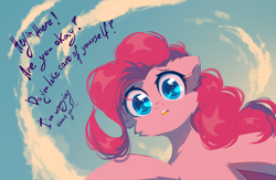 Size: 2000x1300 | Tagged: safe, artist:mirtash, derpibooru import, pinkie pie, earth pony, pony, breaking the fourth wall, cheek fluff, cloud, looking at you, open mouth, sky, solo, talking to viewer, worried