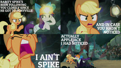 Size: 1986x1117 | Tagged: safe, derpibooru import, edit, edited screencap, editor:quoterific, screencap, applejack, rarity, bat, earth pony, pony, unicorn, dragon dropped, angry, applejack's hat, ascot tie, blouse, clothes, coward, cowboy hat, duo, duo female, eyes closed, female, gem cave, hat, helmet, implied spike, lantern, mining helmet, open mouth, running, stetson, yelling